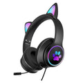 Auriculares con micrófono plegables con diseño de orejas de gato AKZ-022, puerto USB + 3.5 mm, LED (Negro)