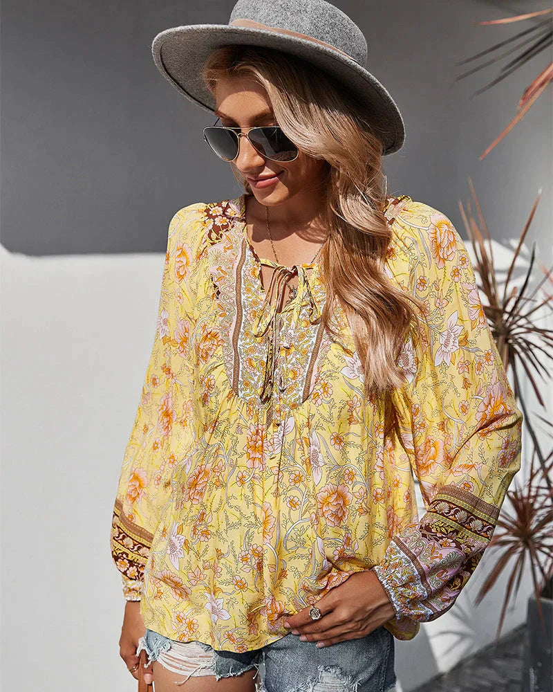 Vintage Boho Sommarblus med Blommönster och Långa Ärmar – Sana