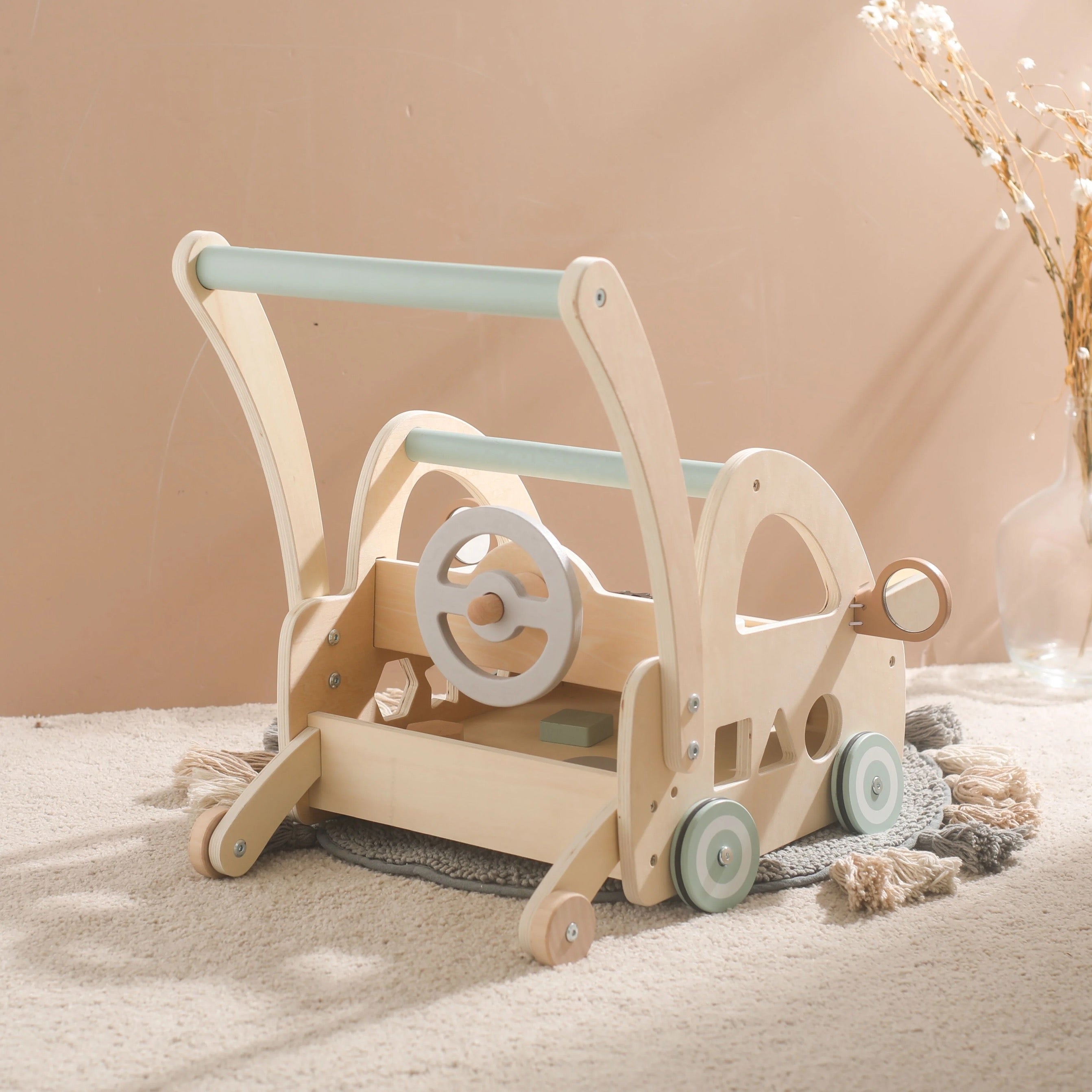 Trä Baby Gåvagn med Montessori Lekdelar och Speglar