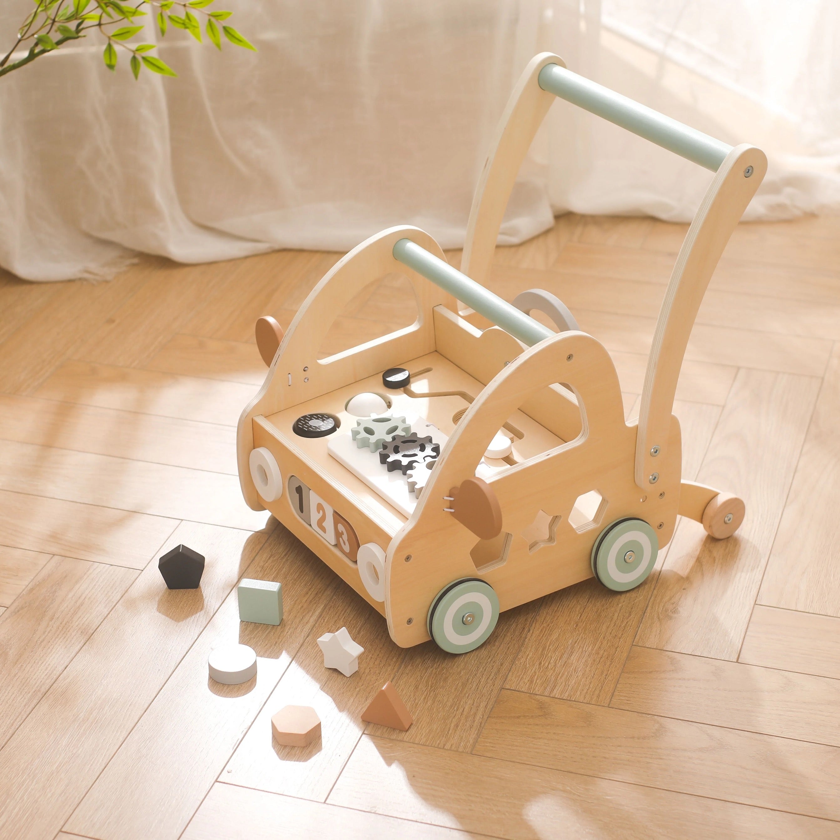 Trä Baby Gåvagn med Montessori Lekdelar och Speglar