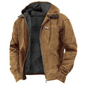 Chaqueta con capucha de cuero para hombre, forro de borreguito y bolsillos con cremallera