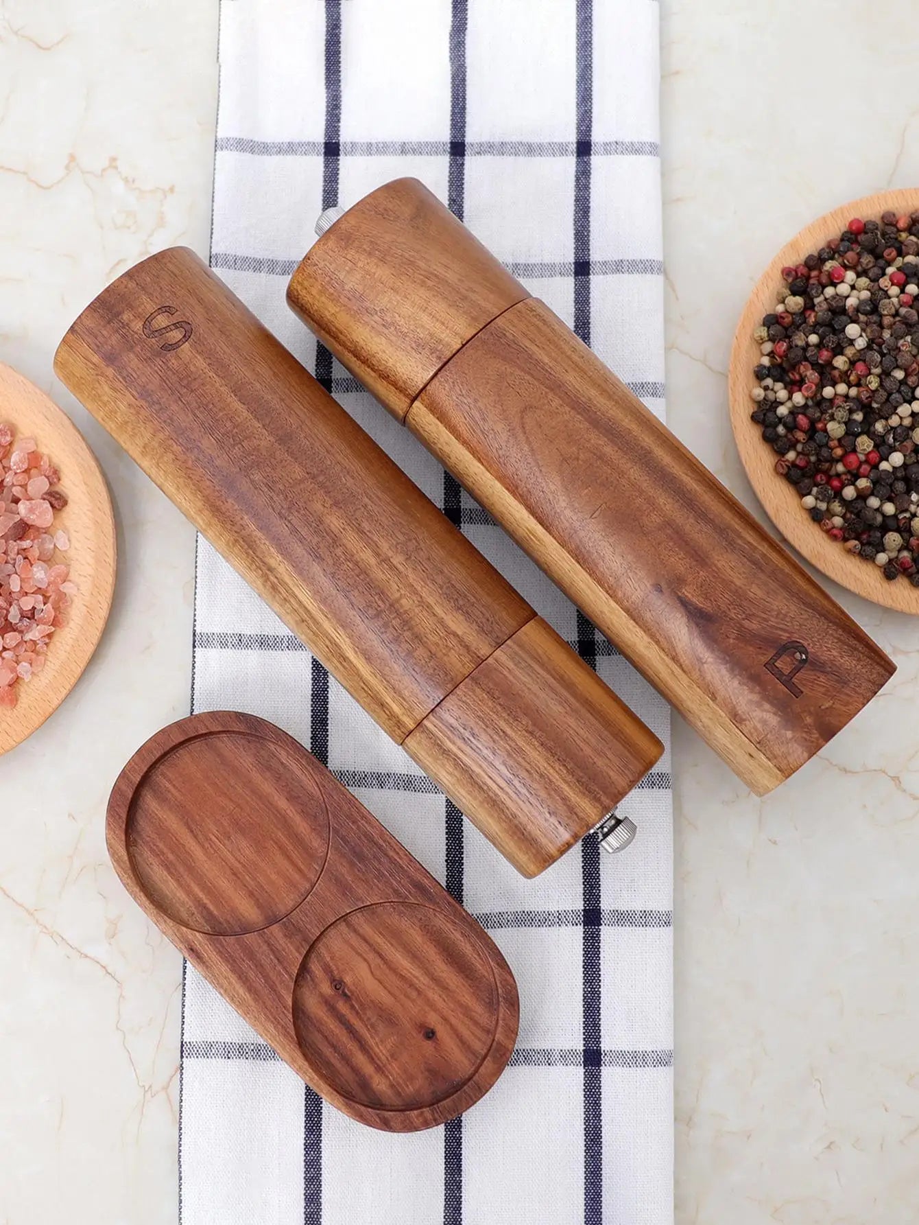 Lyxigt Set med Trä Salt- och Pepparkvarn med Bricka – WoodSpice