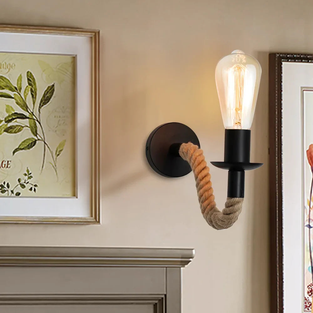 NoctiCord Retro Vägglampa | Stilig E27 säng- och loftbelysning med rep och trä