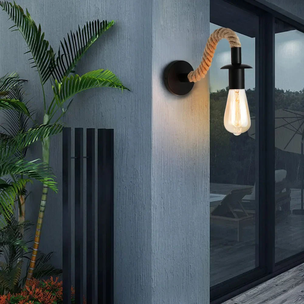 NoctiCord Retro Vägglampa | Stilig E27 säng- och loftbelysning med rep och trä