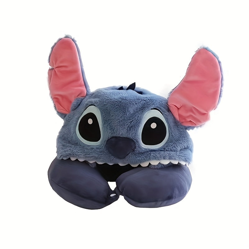Plush Stitch Resekudde med Huva - Bekväm U-formad Kudde med Öronlappar