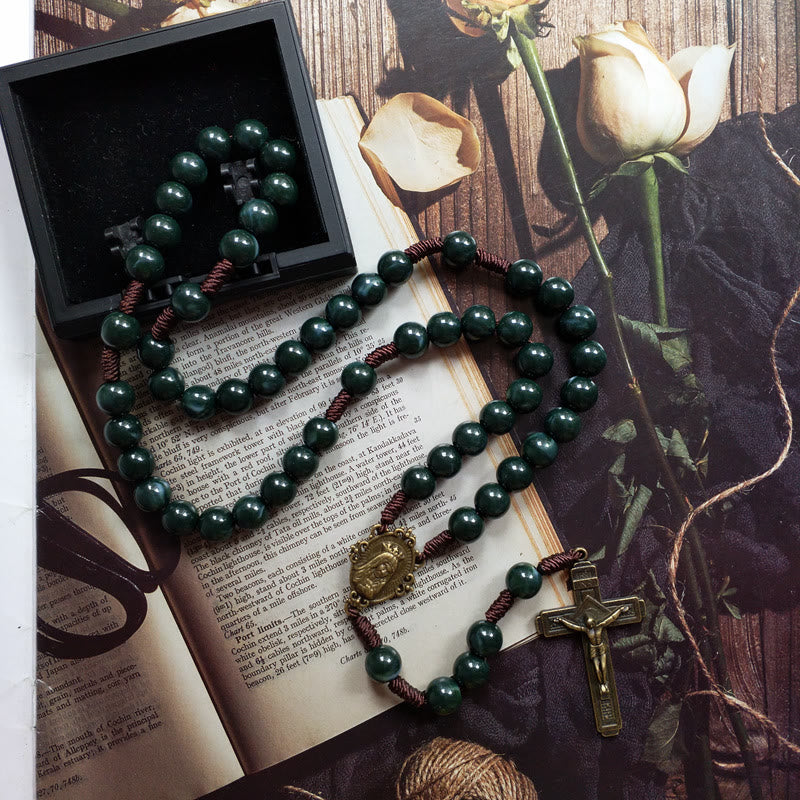 Moss Agate Helgonmedalj Kors Hänge Rosenkrans Halsband – Celeste