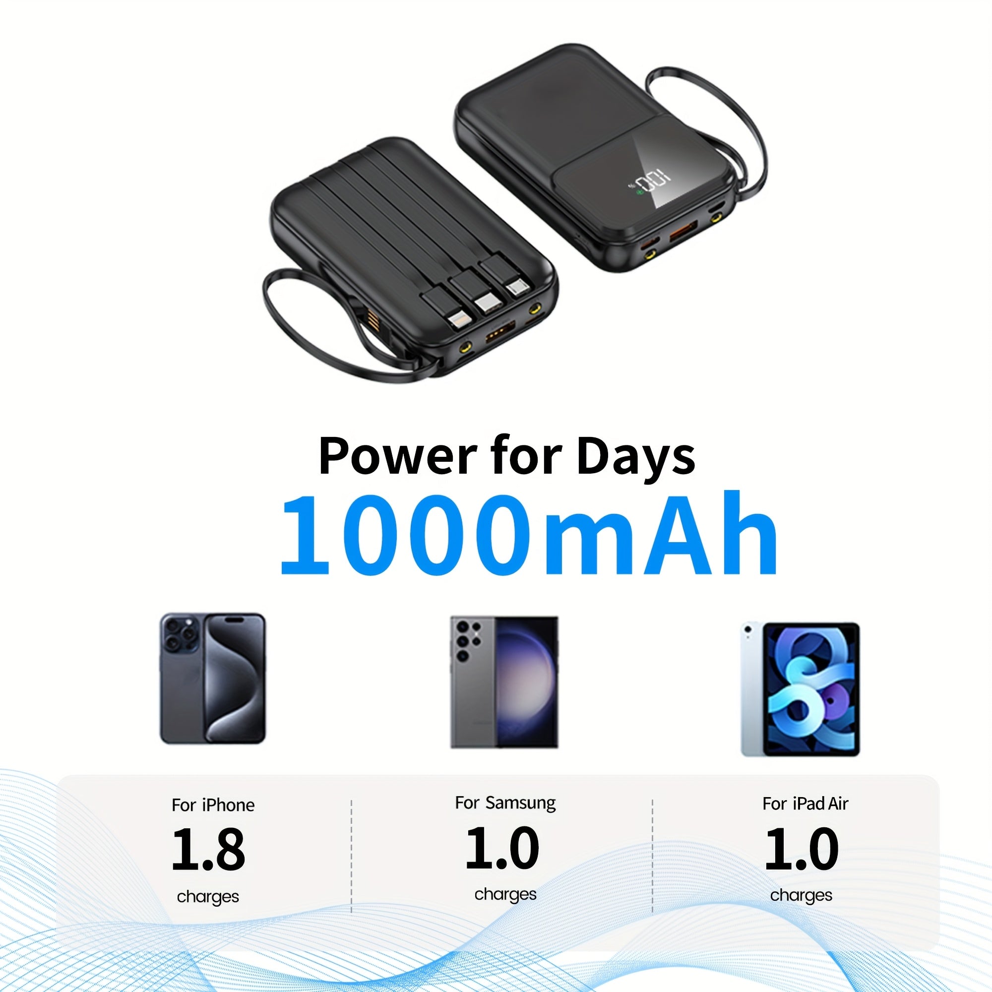 Ultimat Bärbar Power Bank 10000mAh - Snabbladdning med Inbyggda Kablar