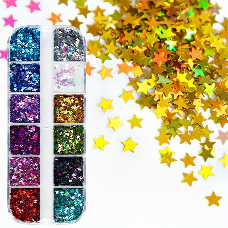 12 Färger Stjärnsequins – Glittrande Sequins i Lång Låda för DIY och Scrapbooking