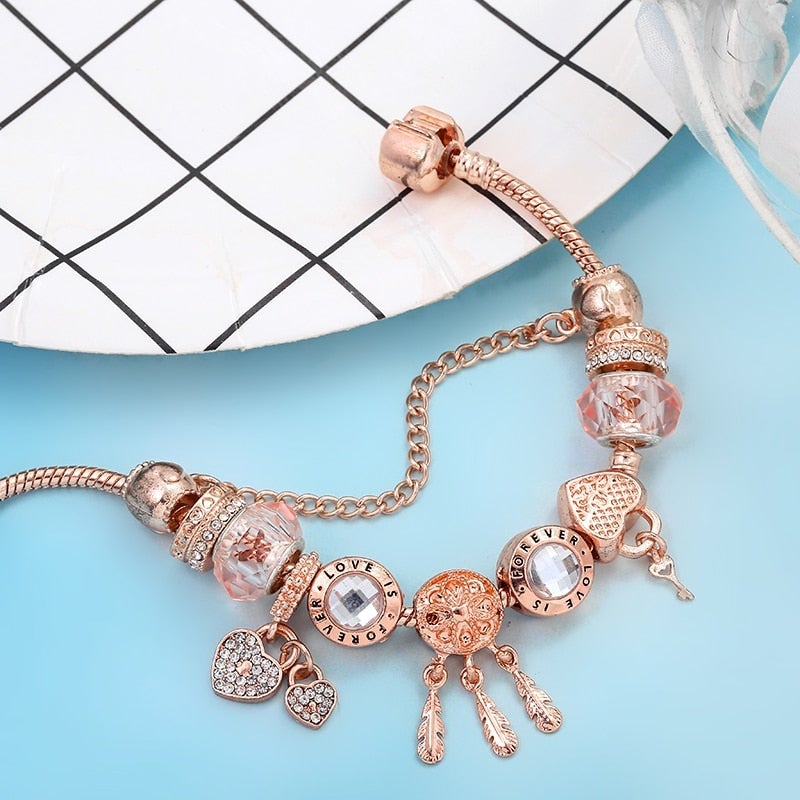 Ros Dreamcatcher Armband med Sterling Silver Berlocker - Rosa