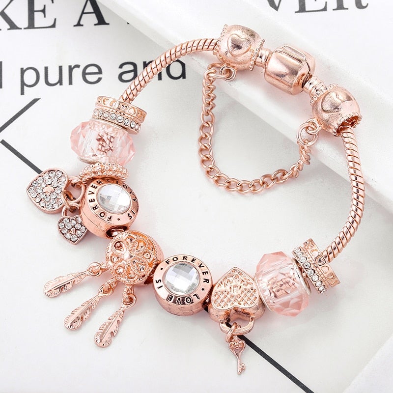 Ros Dreamcatcher Armband med Sterling Silver Berlocker - Rosa