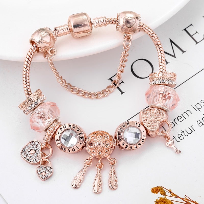 Ros Dreamcatcher Armband med Sterling Silver Berlocker - Rosa