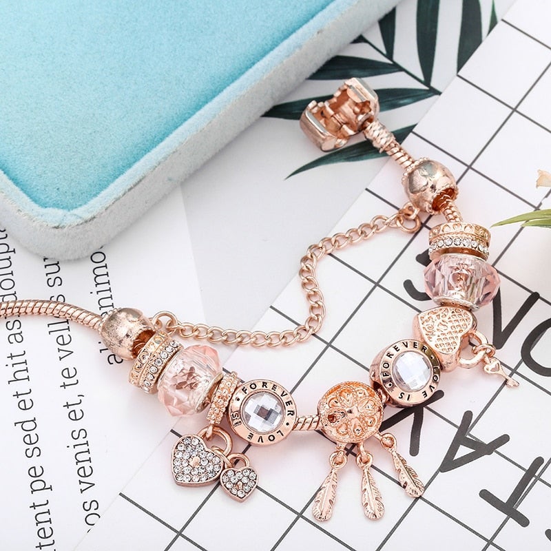 Ros Dreamcatcher Armband med Sterling Silver Berlocker - Rosa