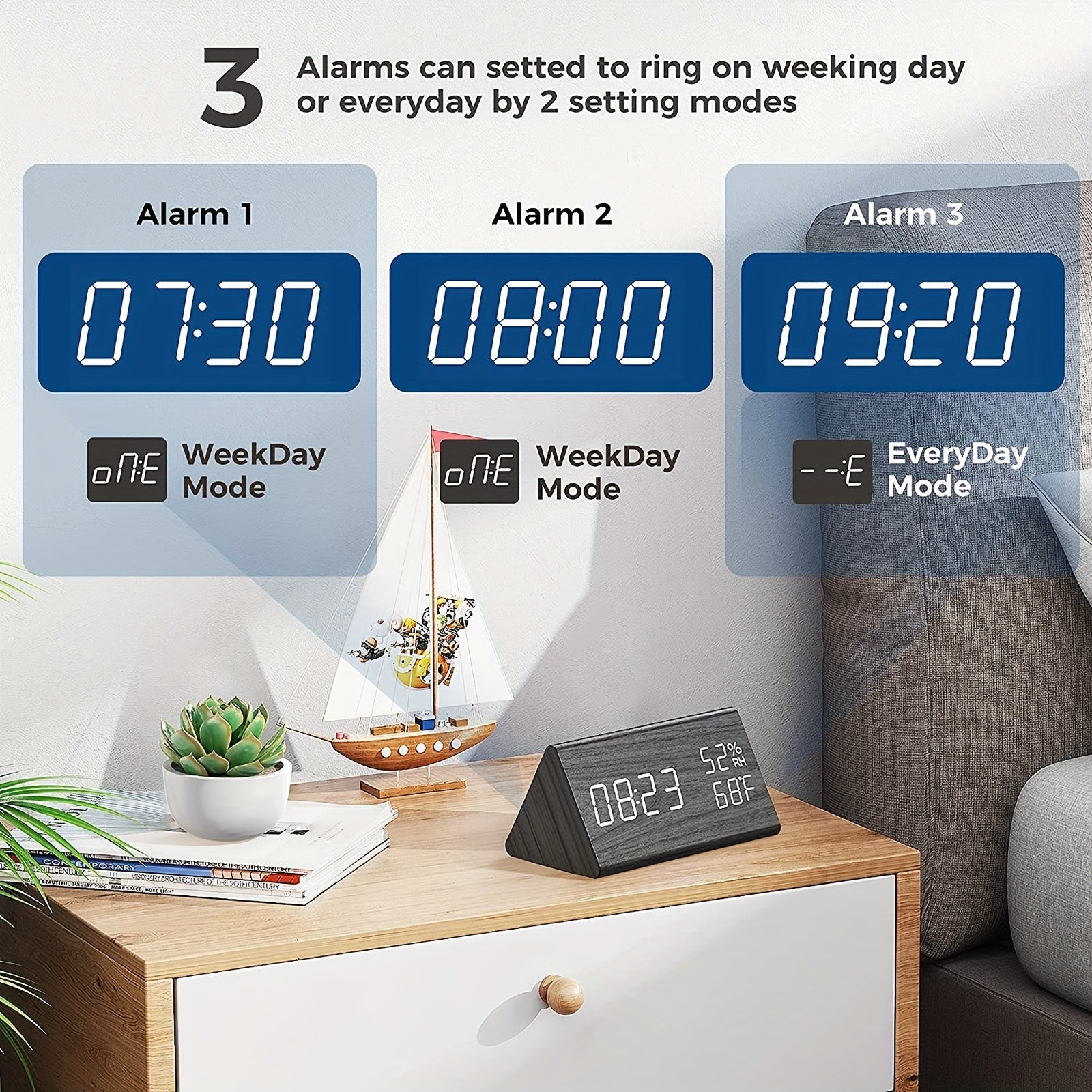 TriWood LED Väckarklocka – Funktionell och Minimalistisk Design