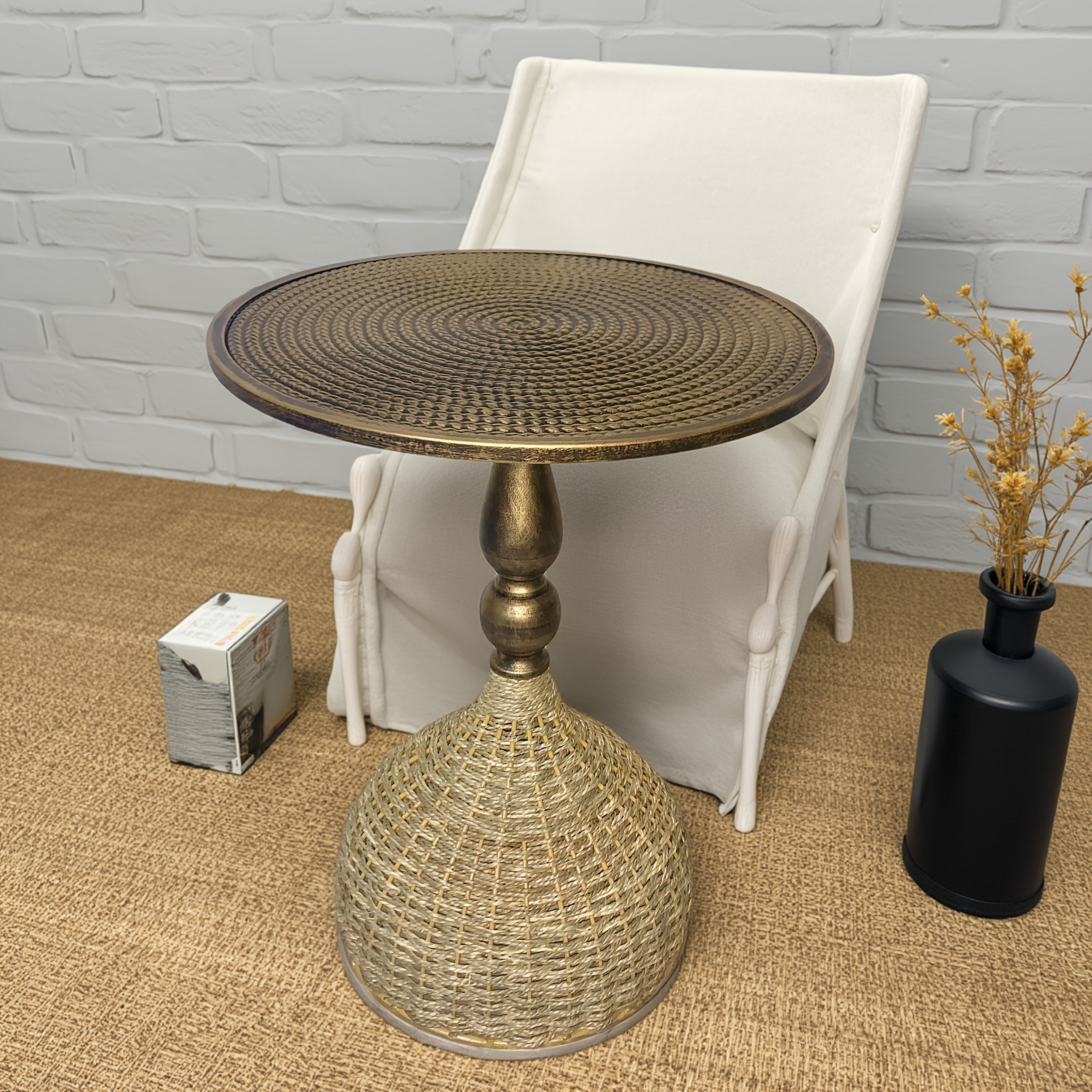 Handgjort Kaffe Bord av Vattenhyacint – Antik Brons Utseende