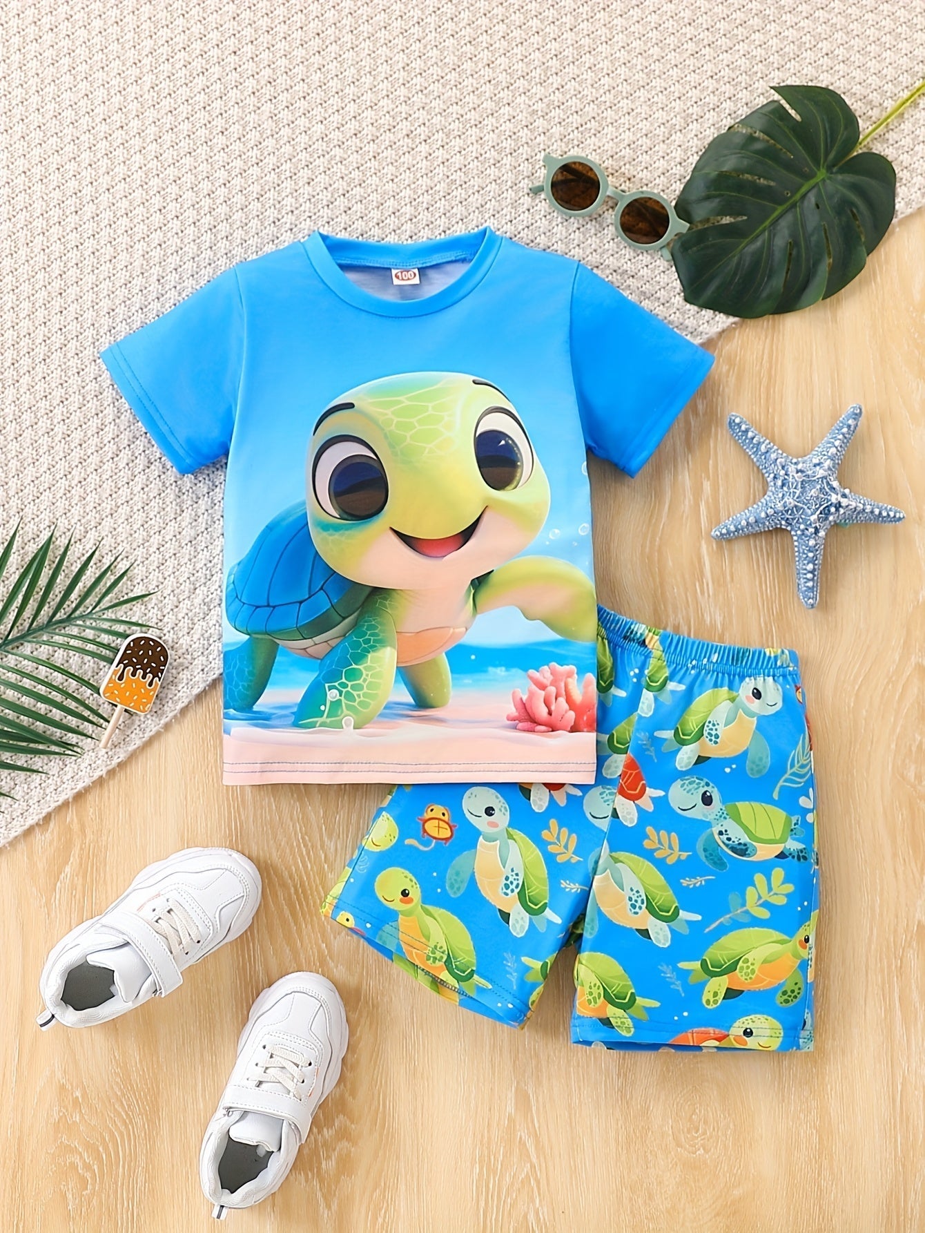 Sköldpaddsprint Sommarset – Avslappnad T-shirt och Shorts för Pojkar