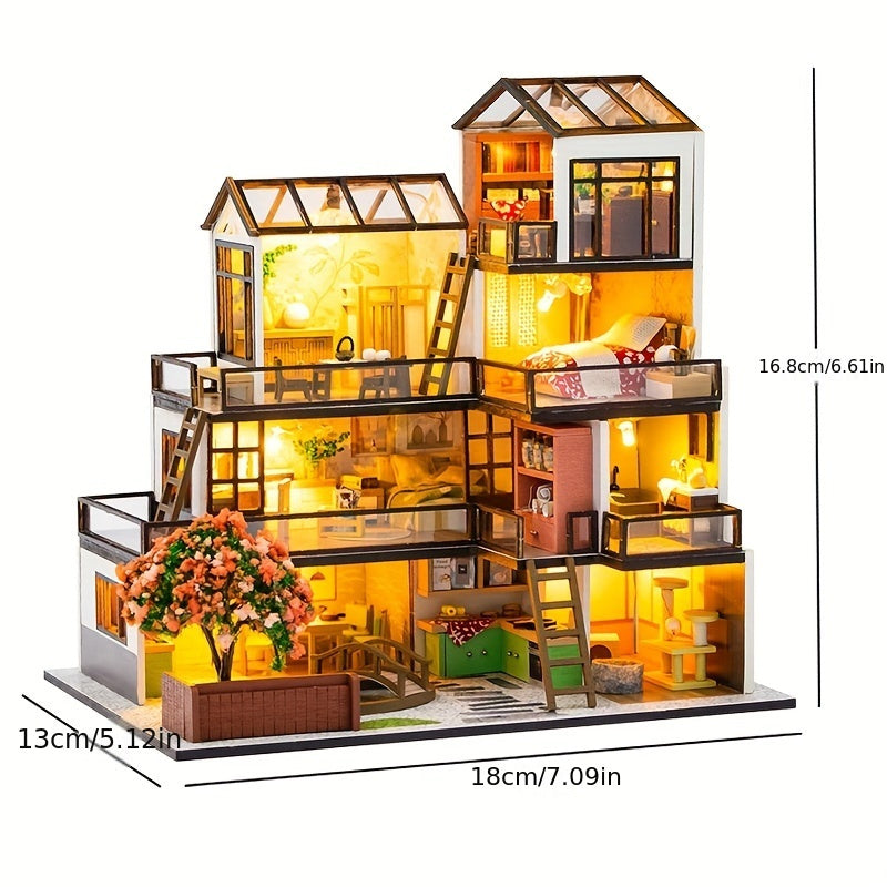 Miniatyrvilla 3D Pusselkit – Handgjord Modell med LED-belysning och Detaljerat Inre