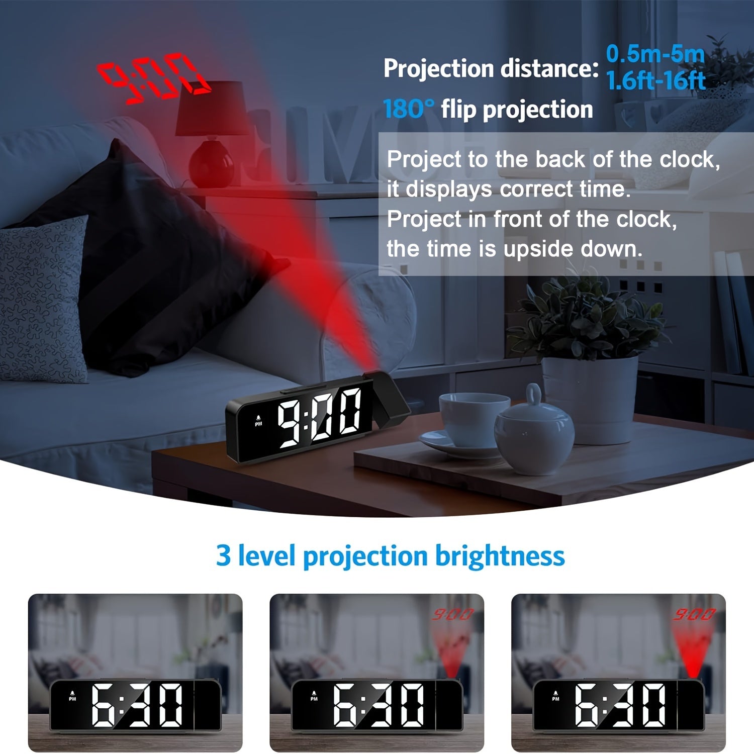 LED-projektionsväckarklocka – Temperatur- och datavisning med USB-ström