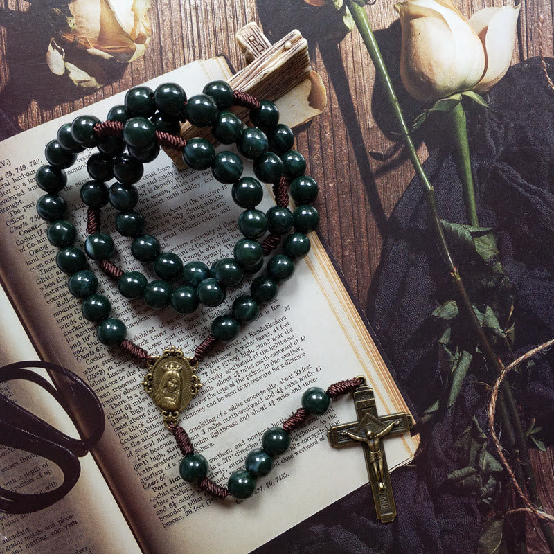 Moss Agate Helgonmedalj Kors Hänge Rosenkrans Halsband – Celeste