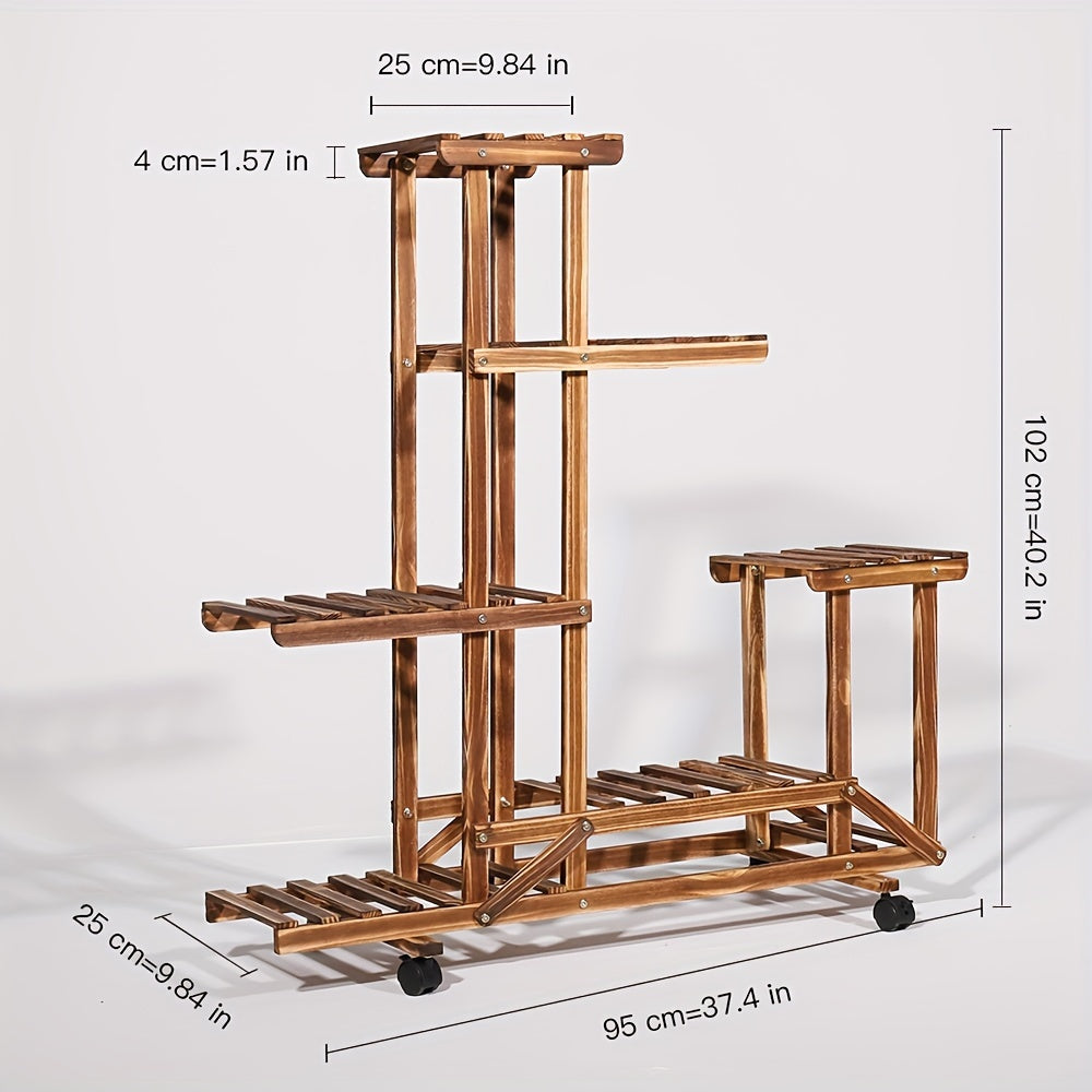 Robust 6-Tier Trähylla för Växter – Kolbehandlad