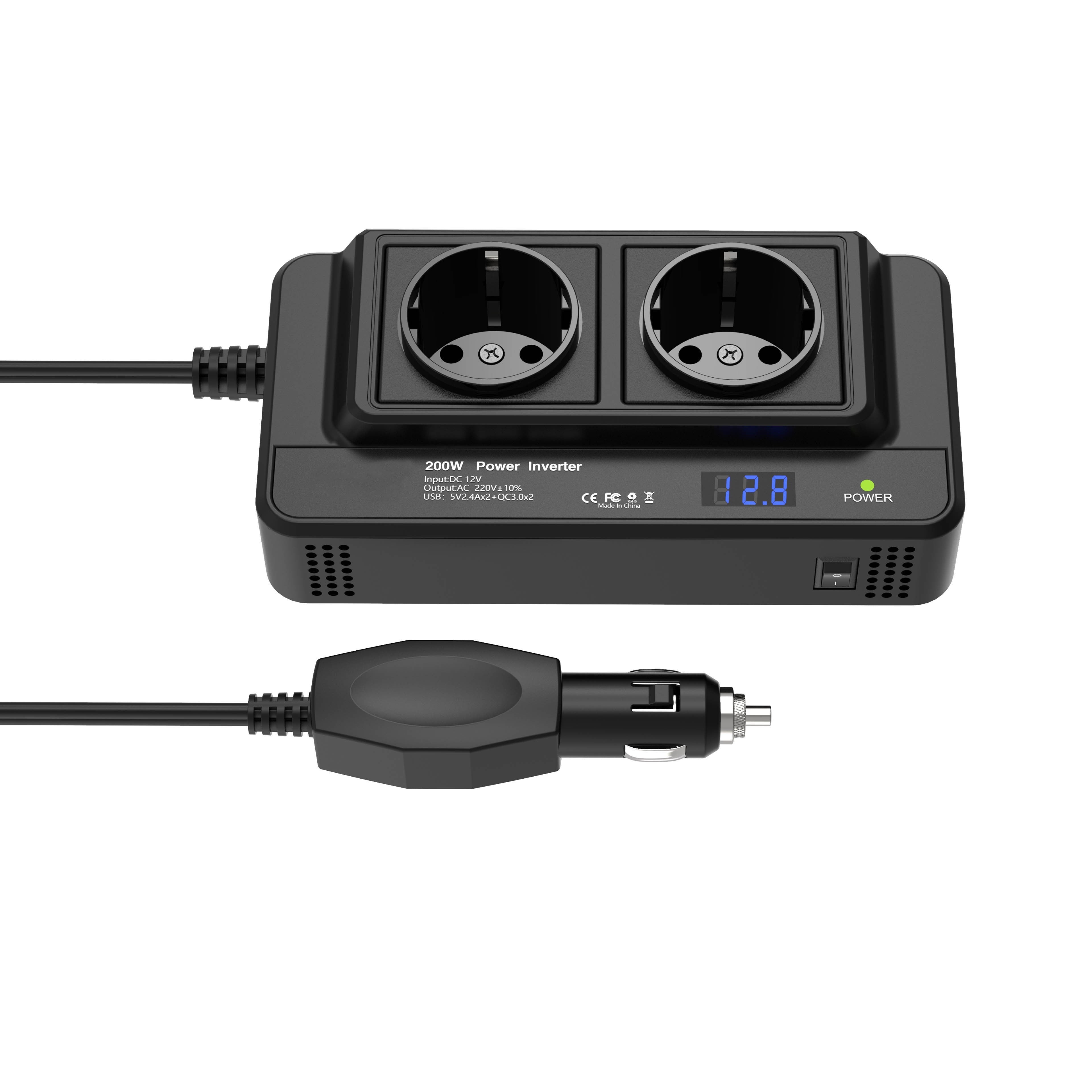 Kompakt 200W Bilomvandlare – Dubbeluttag & Fyrdubbel USB