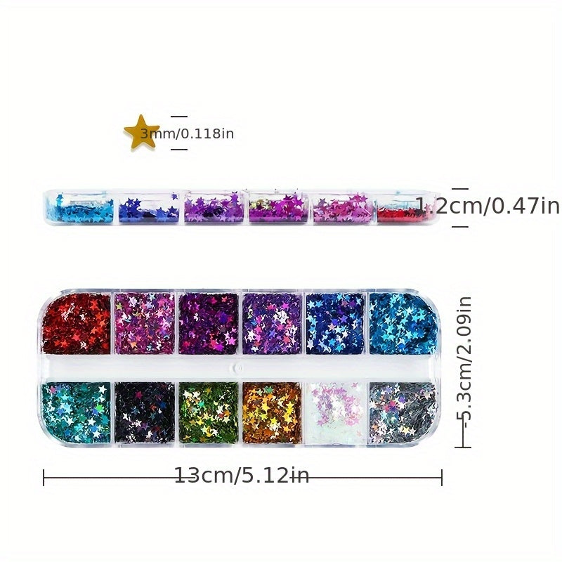 12 Färger Stjärnsequins – Glittrande Sequins i Lång Låda för DIY och Scrapbooking