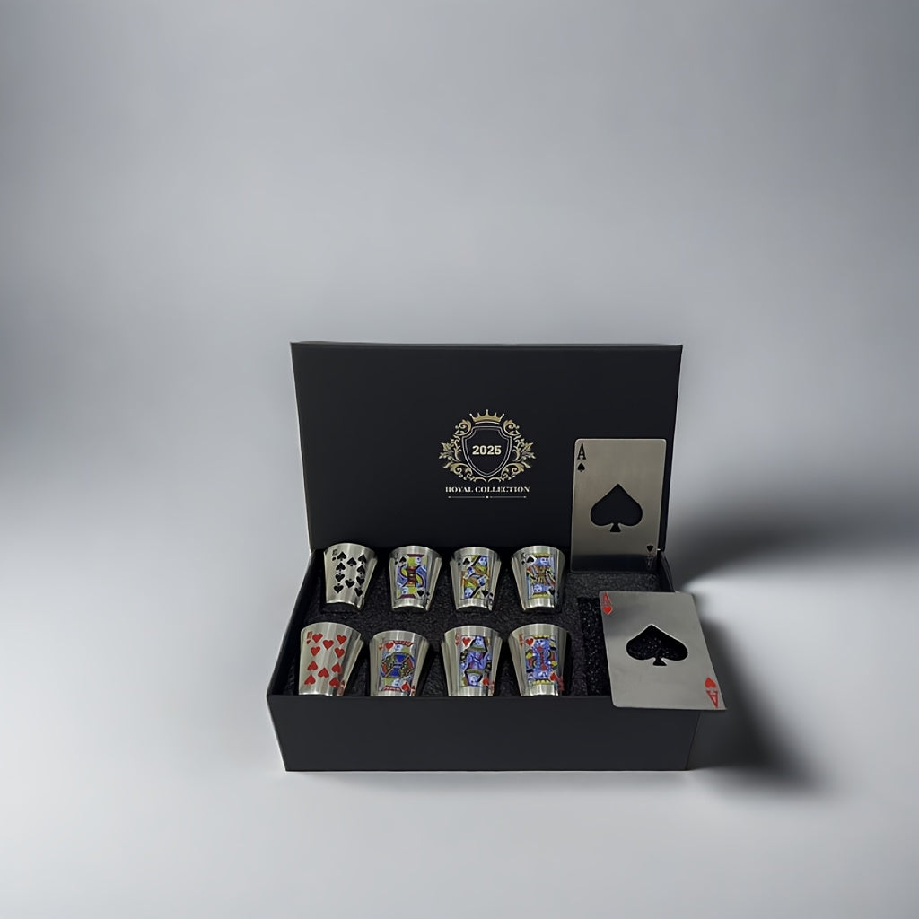 Royal Playing Cards Whiskeyglas Set – Rostfritt Stål & Flasköppnare