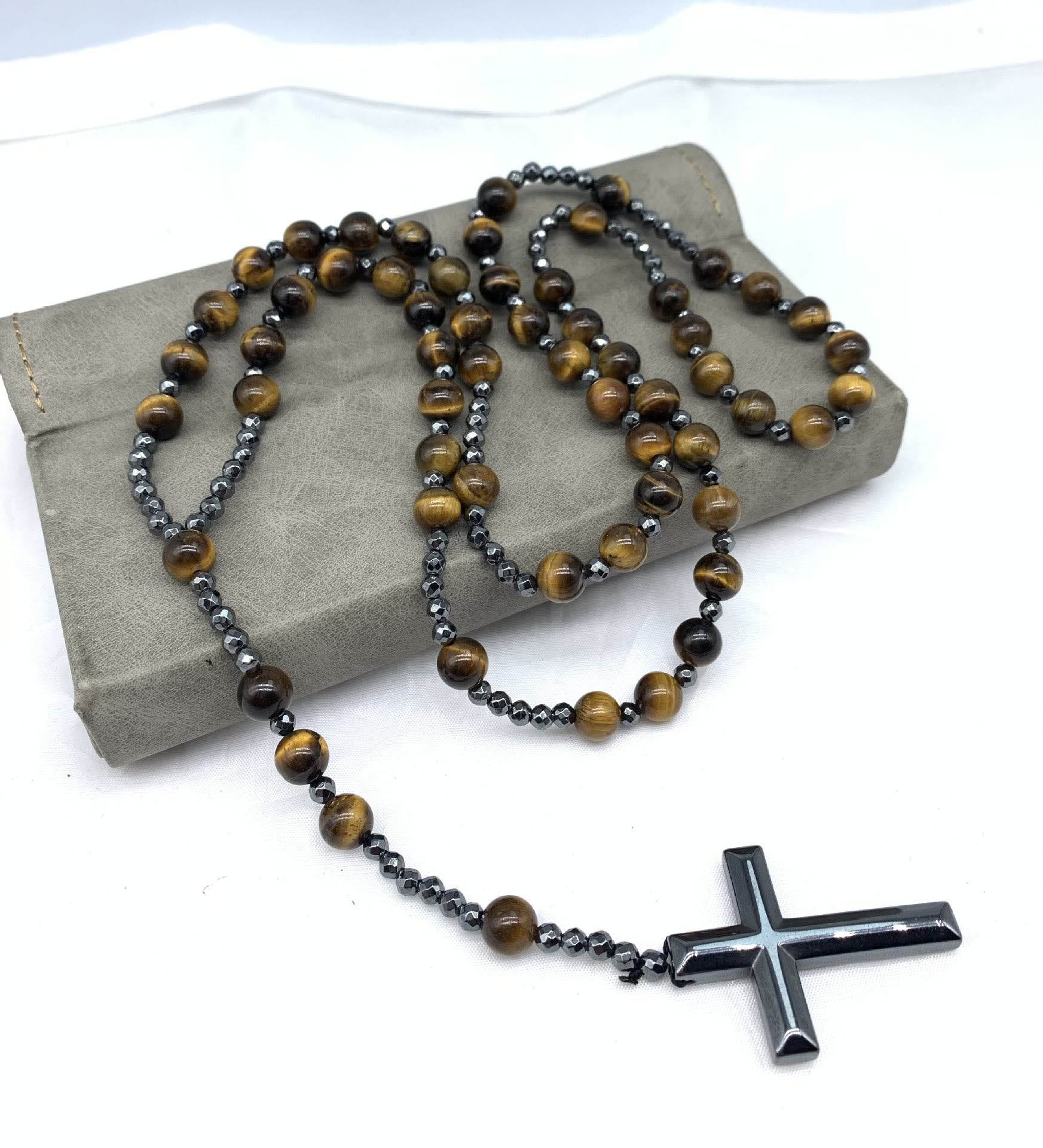Tigeröga och Lapis Lazuli Kors Rosenkranshalsband för Män – Orion