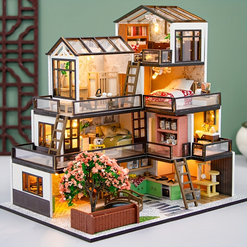 Miniatyrvilla 3D Pusselkit – Handgjord Modell med LED-belysning och Detaljerat Inre