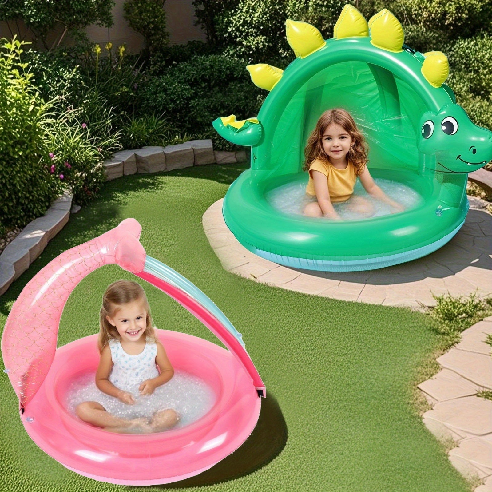 Uppblåsbar Dinosauriepool för Bebisar – Med Solskydd och Lekfull Design