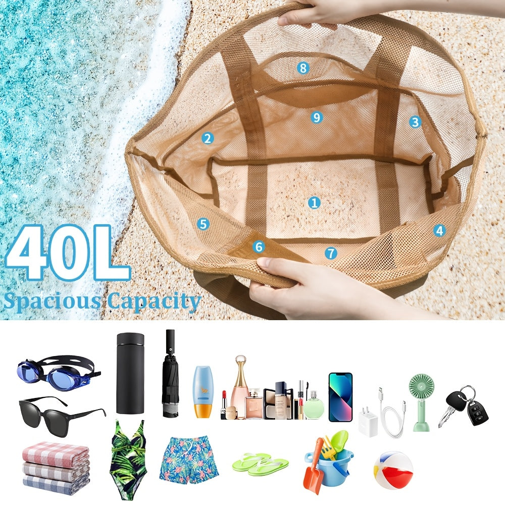 Ljus och rymlig mesh strandväska – 40L hopfällbar tote med fasta axelremmar och öppen topp