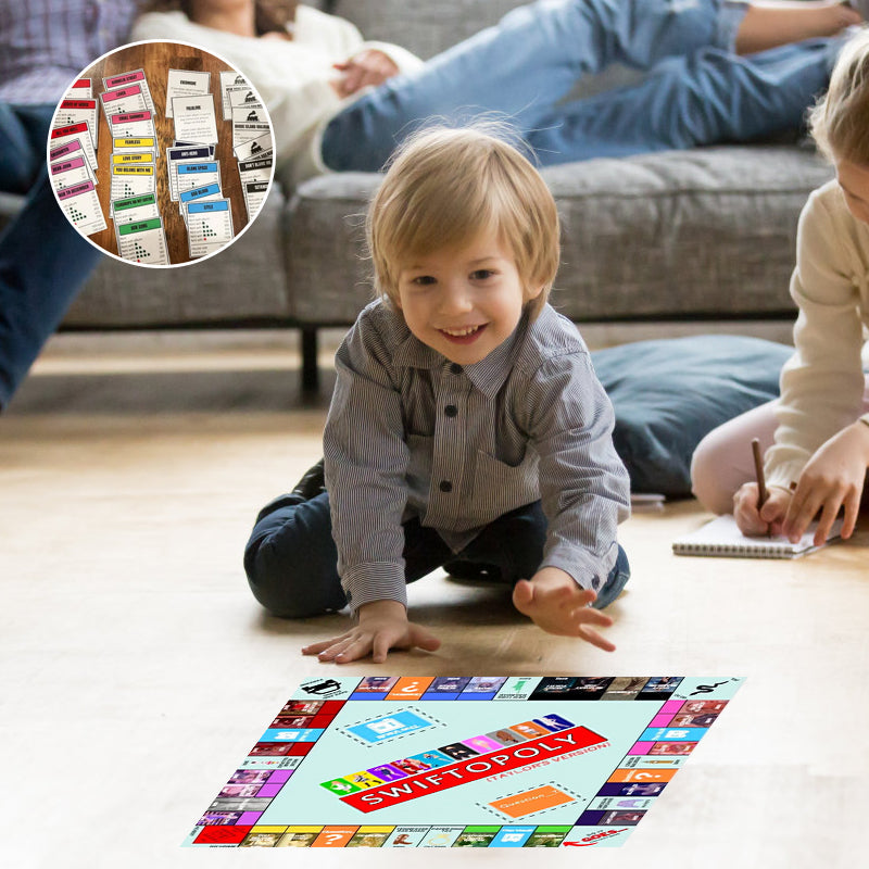 Musikbaserat brädspel med sångkort och Monopolpengar för spelkvällar