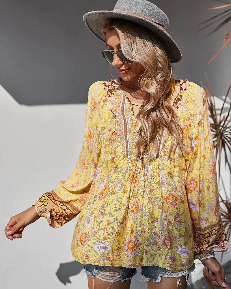 Vintage Boho Sommarblus med Blommönster och Långa Ärmar – Sana