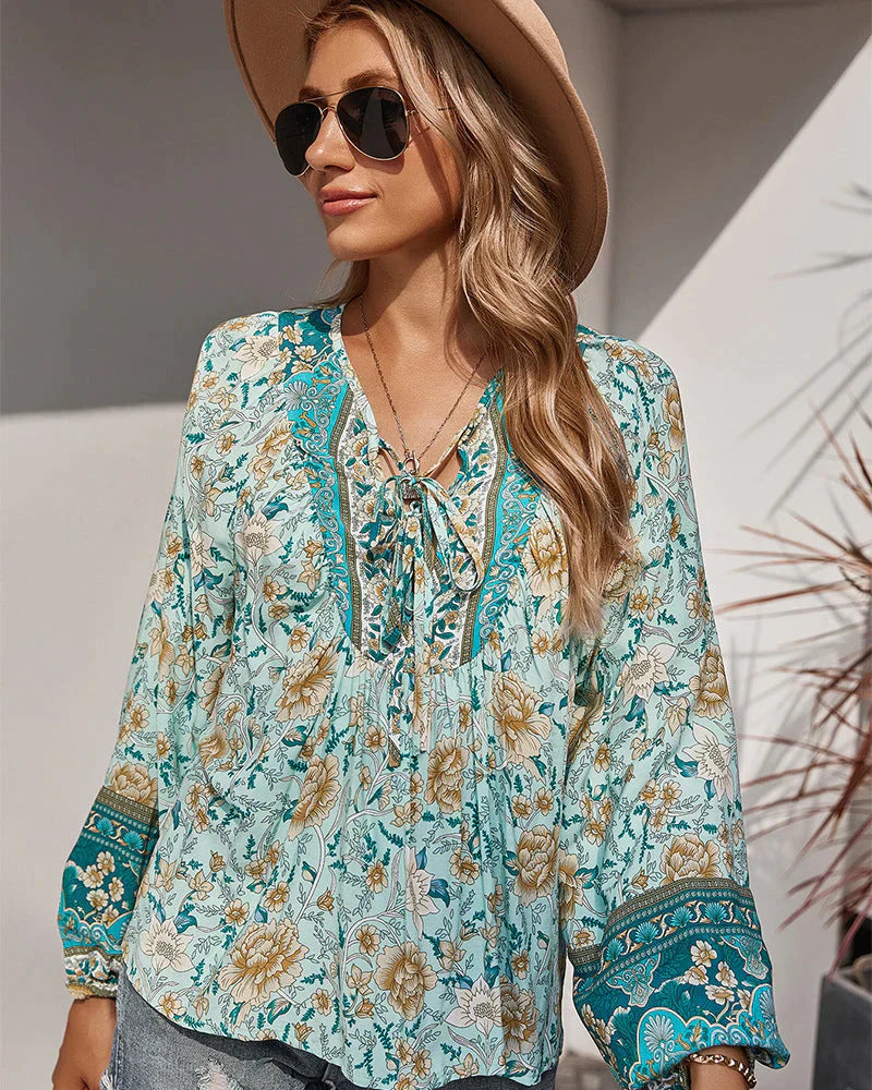Vintage Boho Sommarblus med Blommönster och Långa Ärmar – Sana