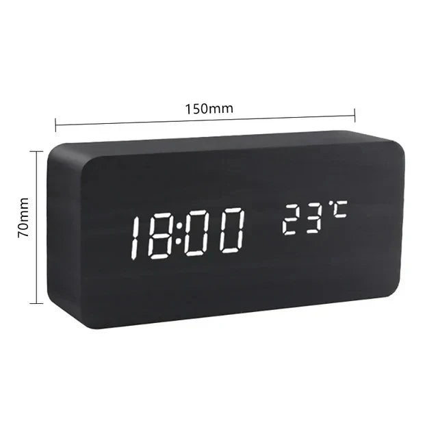Väckarklocka - Trälook LED Display - Röststyrning & Temperatur