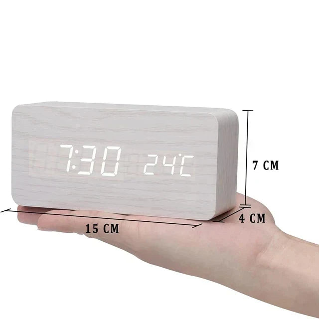 Väckarklocka - Trälook LED Display - Röststyrning & Temperatur