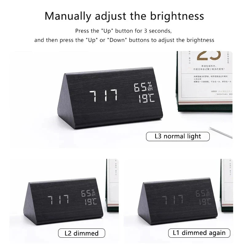 Väckarklocka - Trälook LED Display - Röststyrning & Temperatur