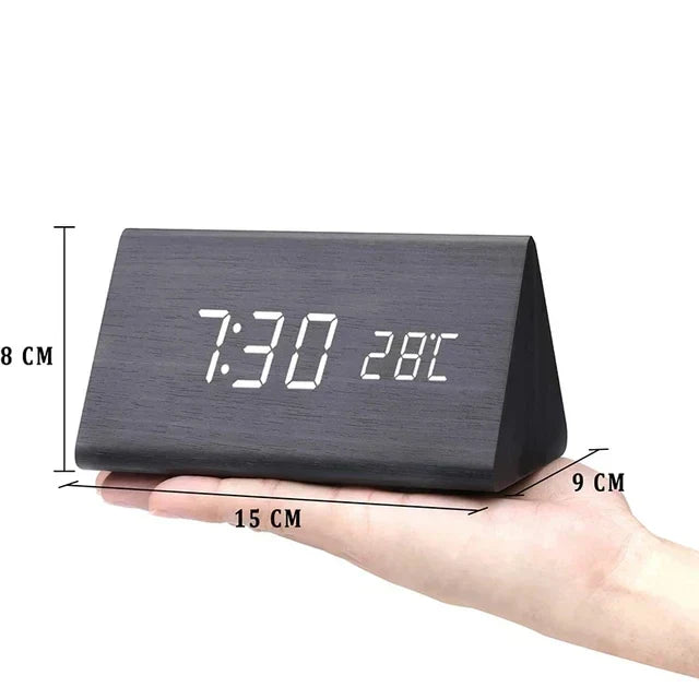 Väckarklocka - Trälook LED Display - Röststyrning & Temperatur