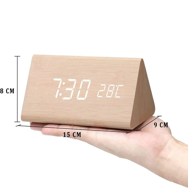 Väckarklocka - Trälook LED Display - Röststyrning & Temperatur