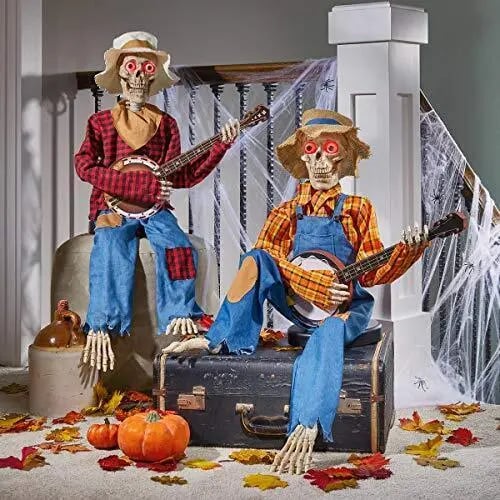 Hauntique Animerad Skelett Duo | Ljudaktiverad Halloween-dekoration med musik och ljus
