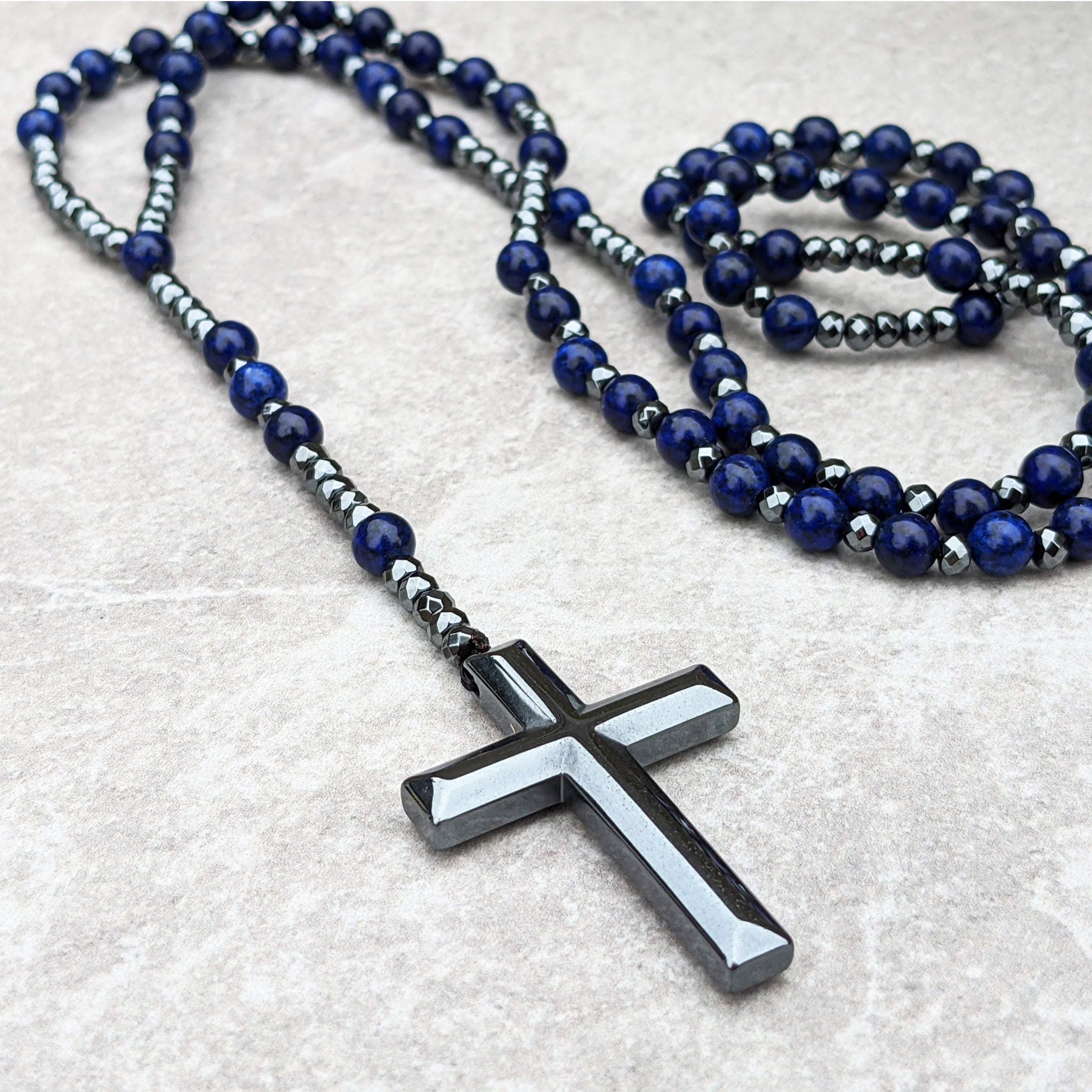 Tigeröga och Lapis Lazuli Kors Rosenkranshalsband för Män – Orion