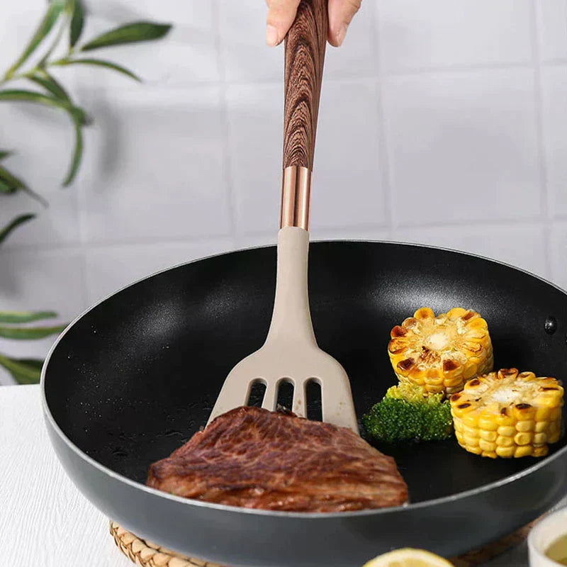 Köksredskap Tillverkade av Livsmedelsäker Silikon med Trähandtag – KitchenElegance