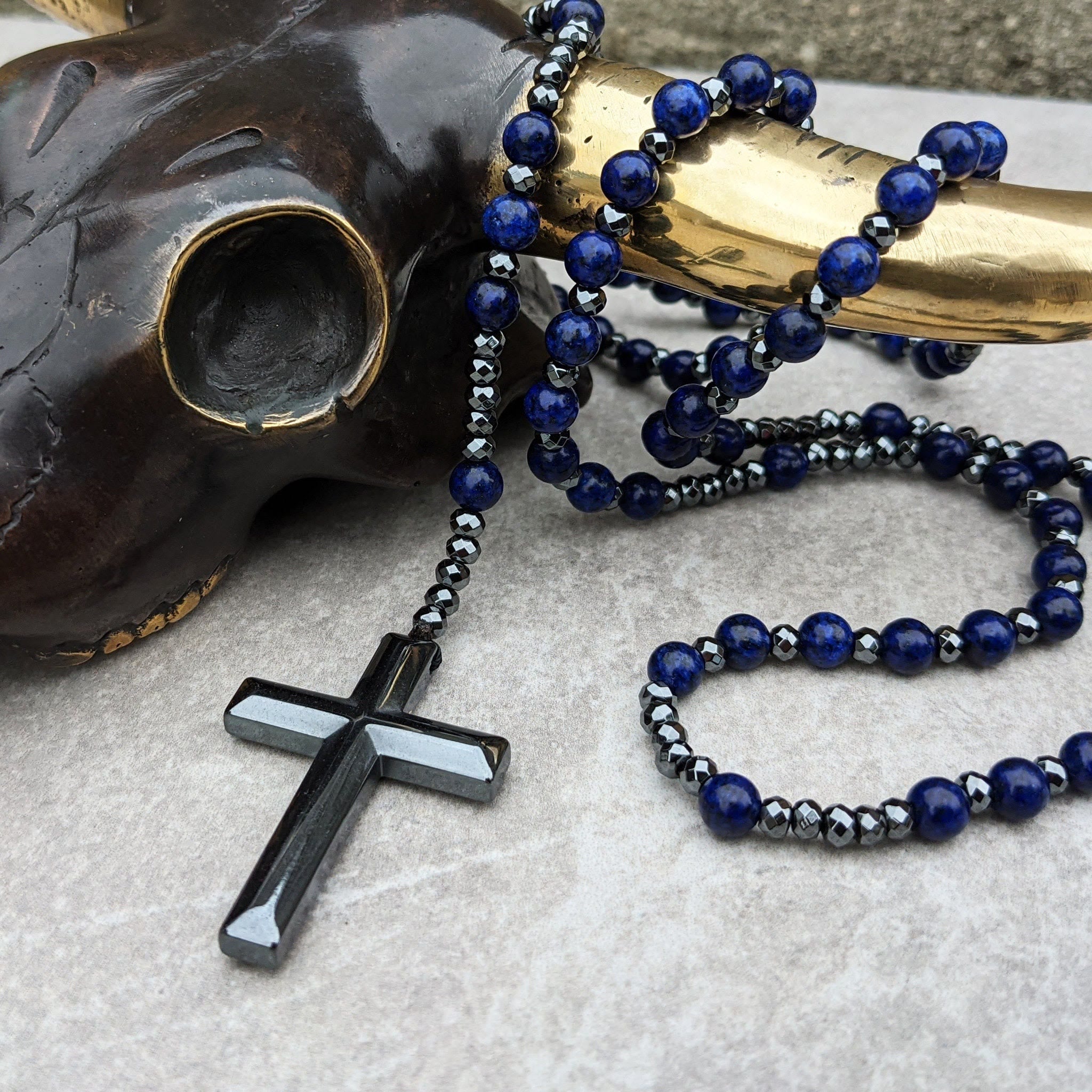 Tigeröga och Lapis Lazuli Kors Rosenkranshalsband för Män – Orion