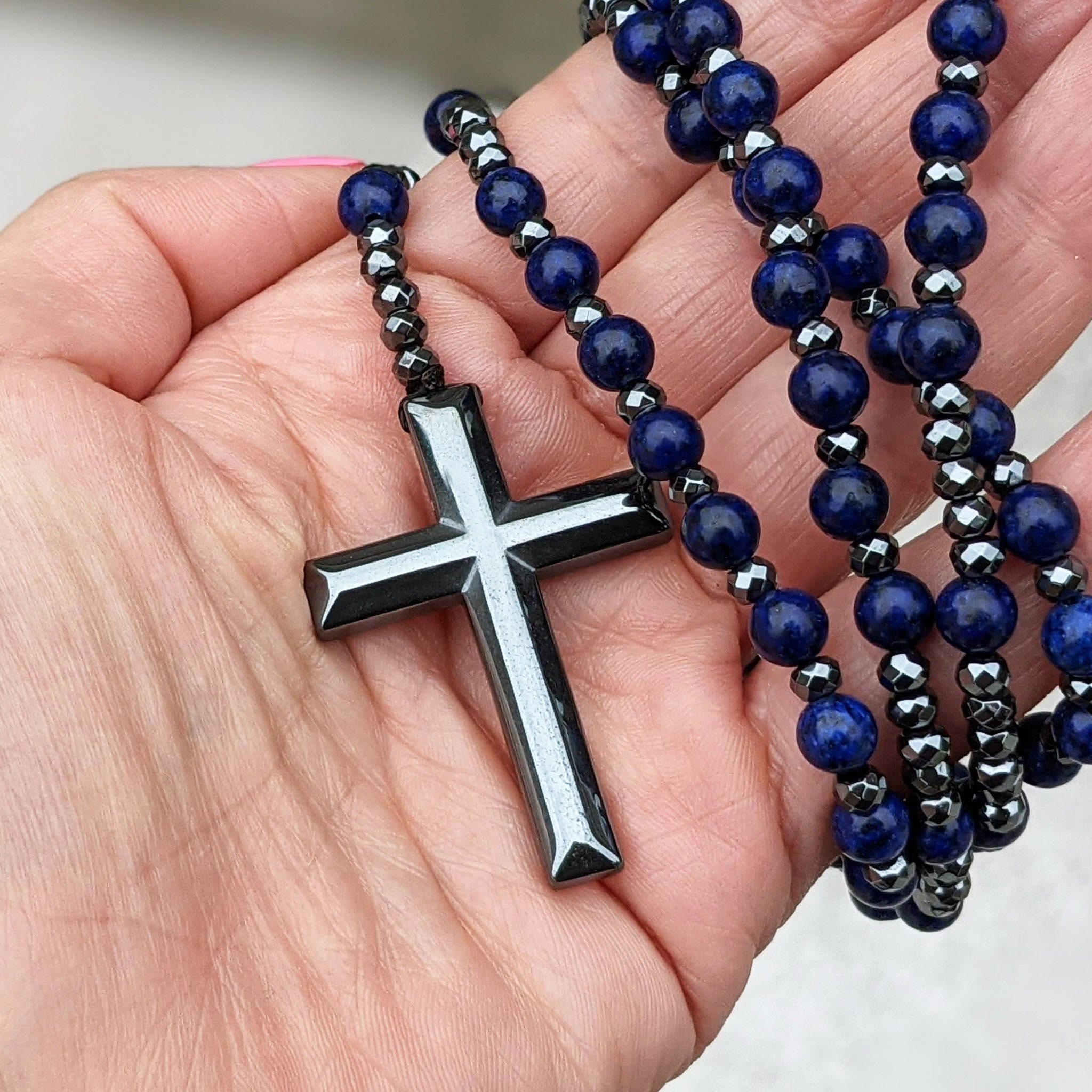 Tigeröga och Lapis Lazuli Kors Rosenkranshalsband för Män – Orion