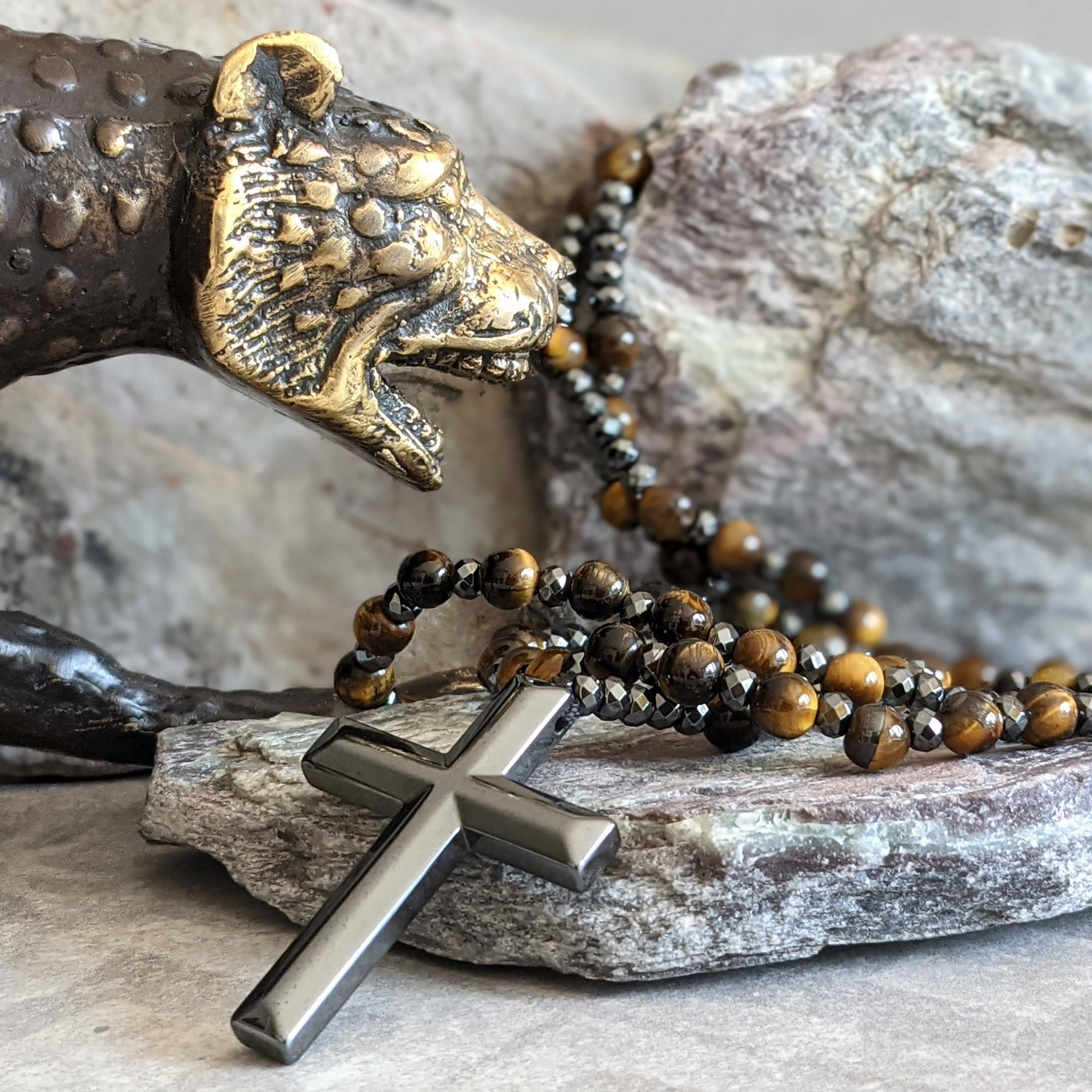 Tigeröga och Lapis Lazuli Kors Rosenkranshalsband för Män – Orion