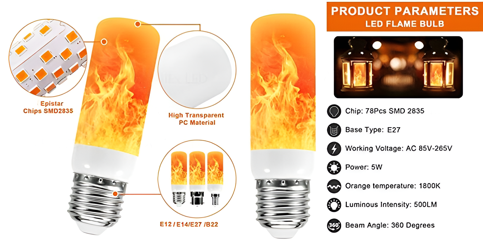 Flame Effect Lamp - 9W Simulerad Flamma Lampa