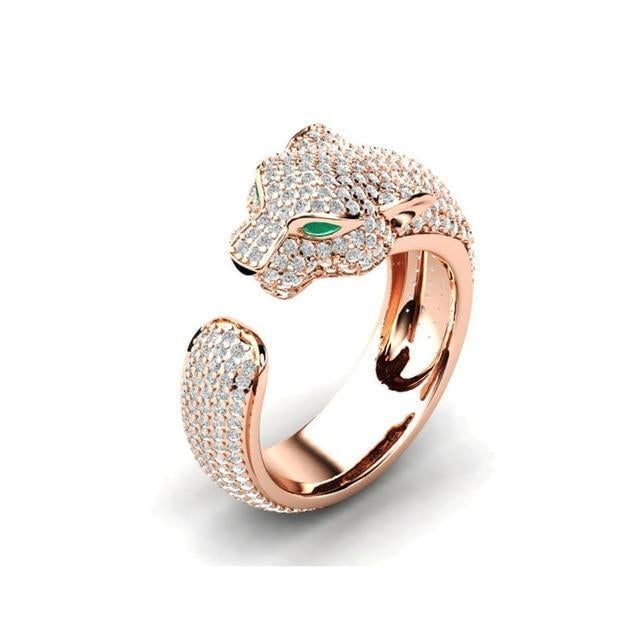 Justerbar Ring i 18K Silver och Roséguld med Gröna Zirkonia Ögon – Jaguar Ring