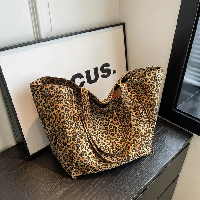 Överdimensionerad Canvas Axelväska med Leopardtryck - Lila