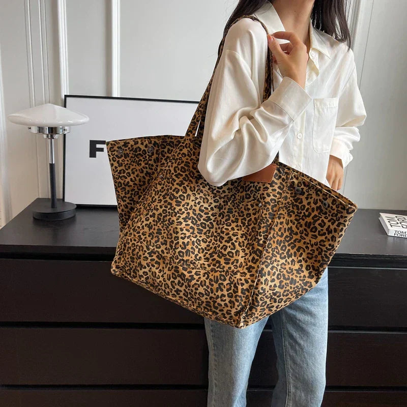 Överdimensionerad Canvas Axelväska med Leopardtryck - Lila