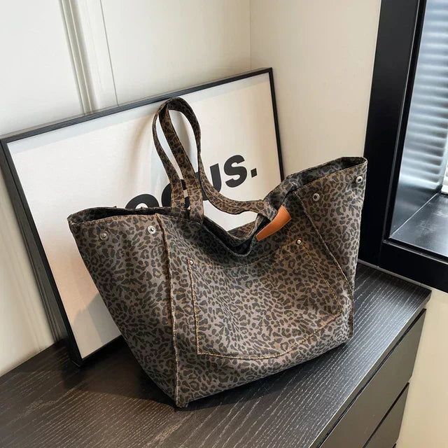 Överdimensionerad Canvas Axelväska med Leopardtryck - Lila