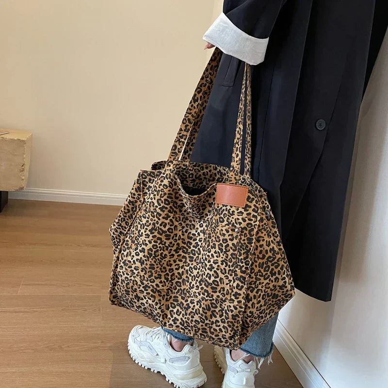 Överdimensionerad Canvas Axelväska med Leopardtryck - Lila